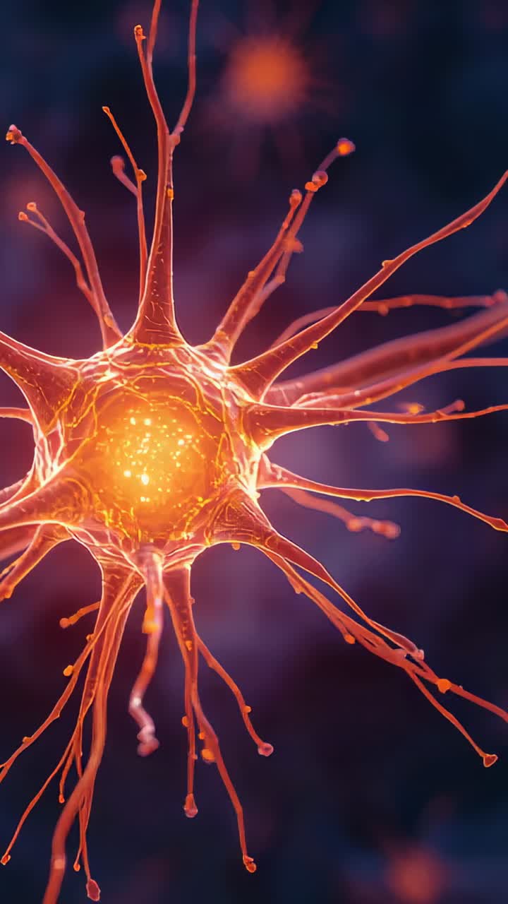 Vertical video: Pulsing neuron cell receiving signal in lab scope, sending sparks along dendrites