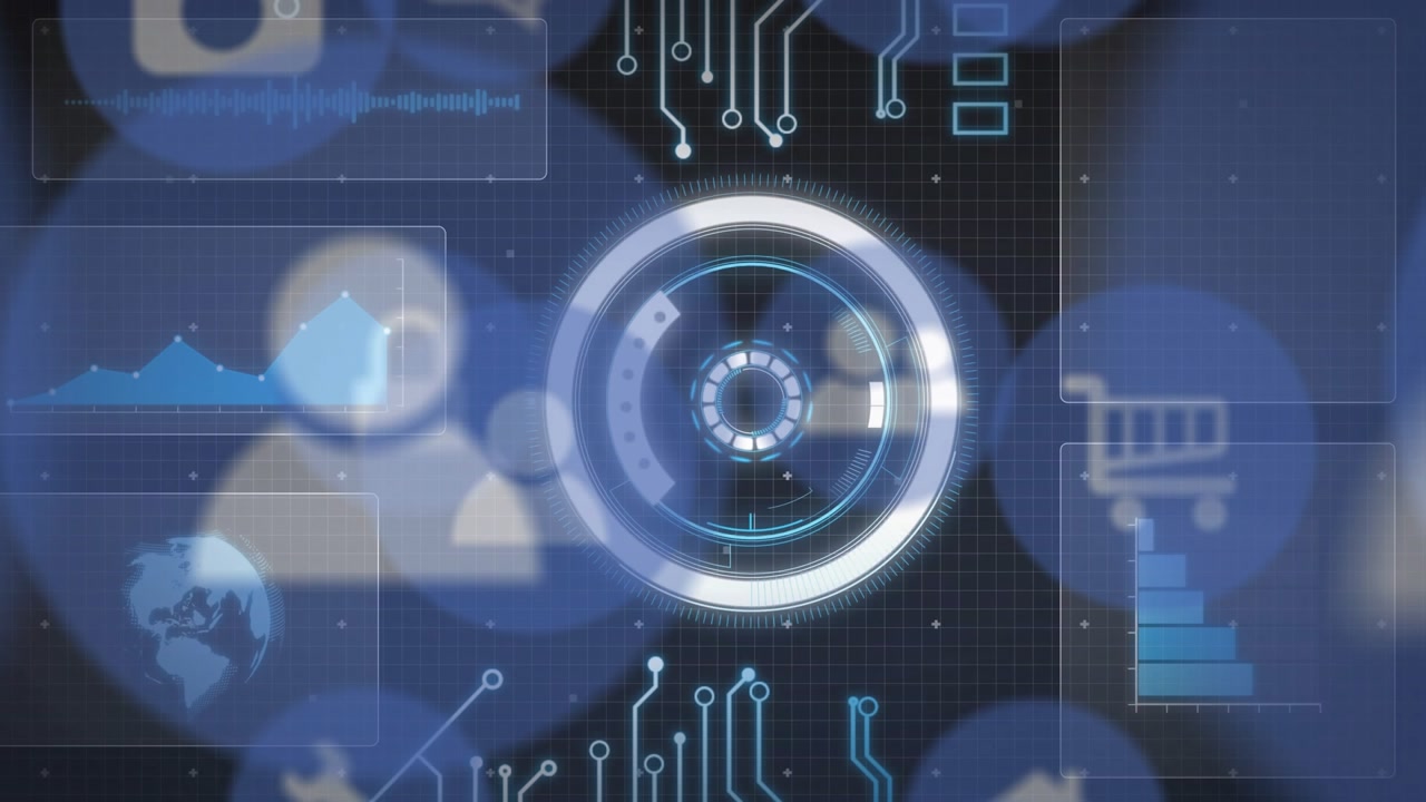 Central ring hub resolving from faint dot, activating rotating lights, panels, displaying tech data