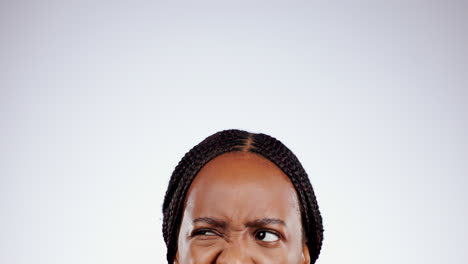 Confused, eyes and thinking face of woman