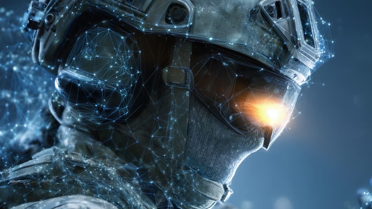 Soldato futuristico in equipaggiamento tattico circondato da connessioni digitali, che enfatizza un'armatura ad alta tecnologia e una tecnologia di combattimento avanzata in un ambiente fantascientifico.