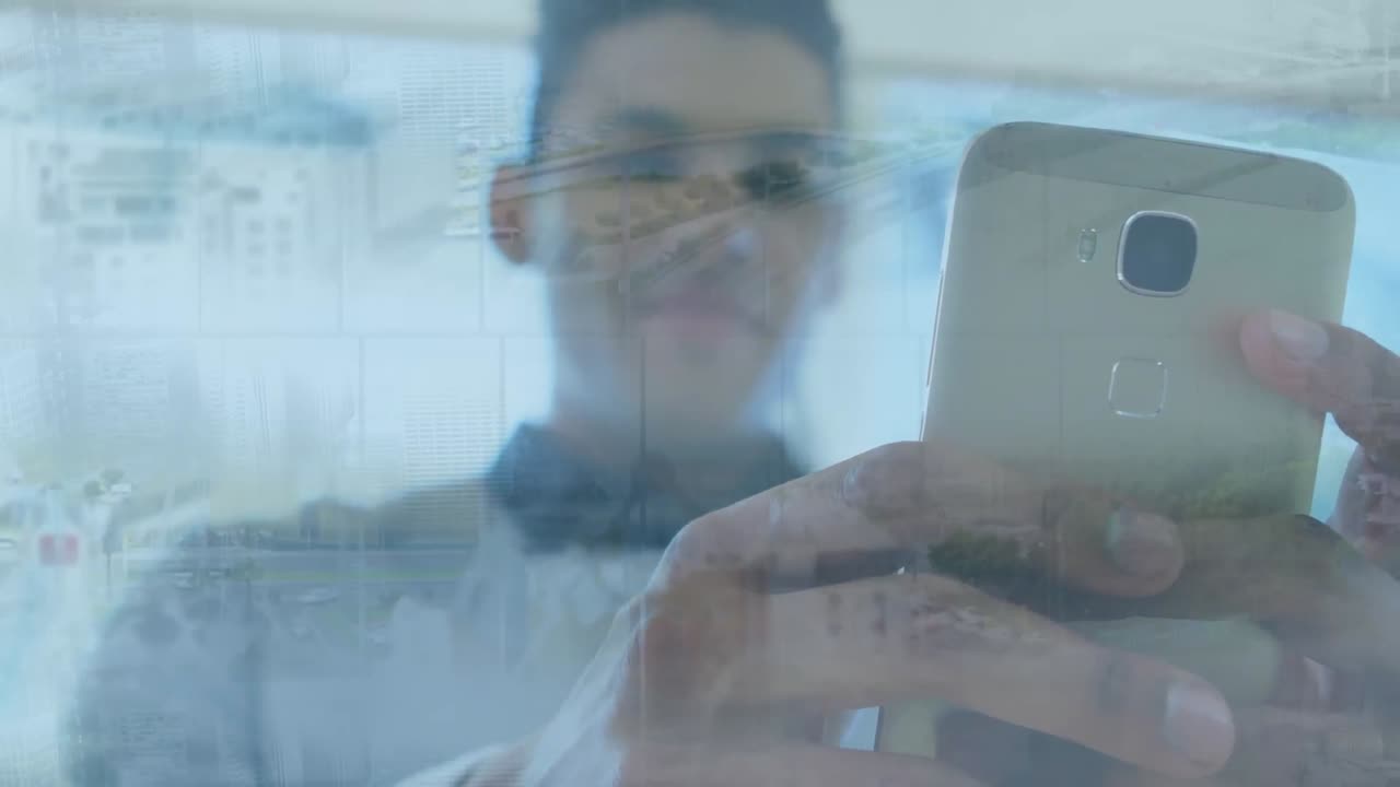 도시 풍경 위에서 스마트폰을 사용하는 사람의 애니메이션