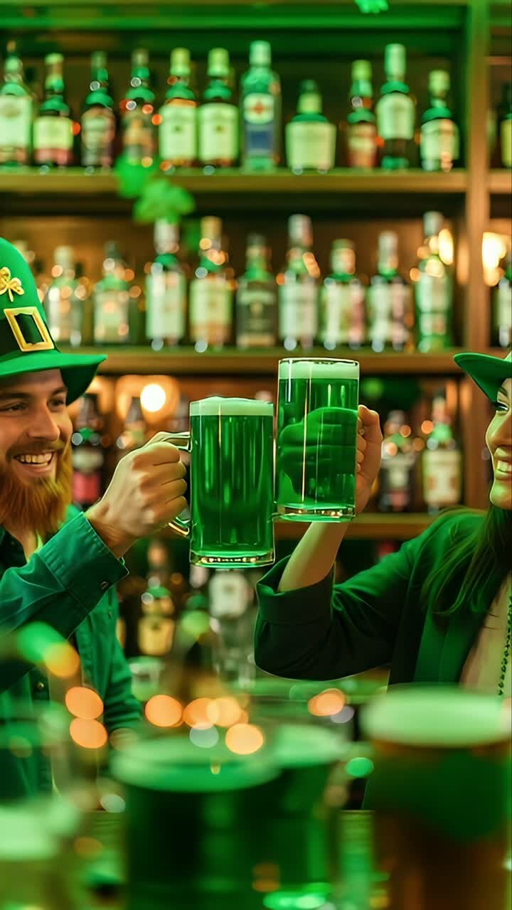 Couple toasting green beer mugs on st. Patrick's day celebration