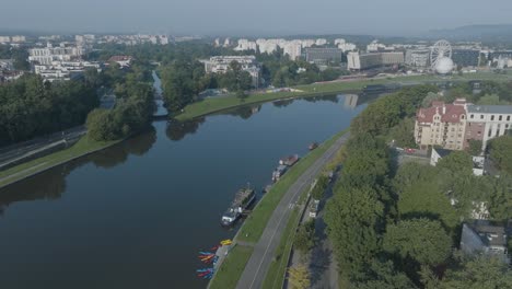 aerial drone shot of krakow poland vistula river at sunrise