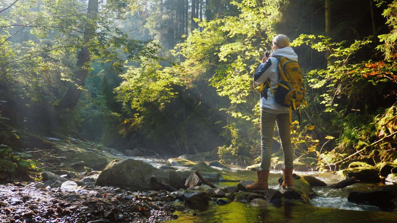 一位女攝影師在清晨早期在美麗的森林中拍攝美麗的風景