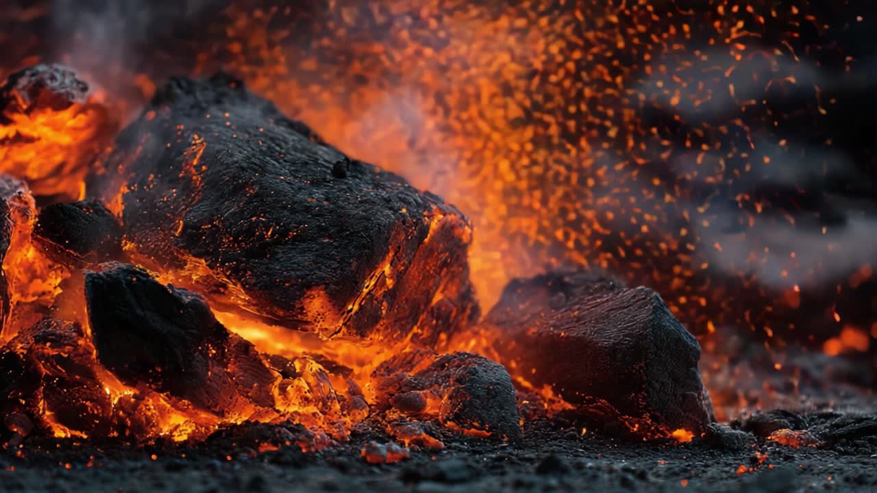 Explosive Lava Field: Dramatic Eruptions of Molten Rock Surrounded by Fiery Embers and Glowing Ash, Captivating the Viewer with Its Raw Energy and Power