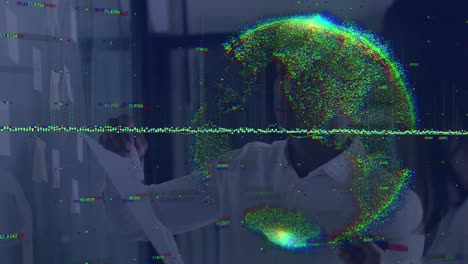 animación de gráfico y globo sobre diversas compañeras y compañeros de trabajo