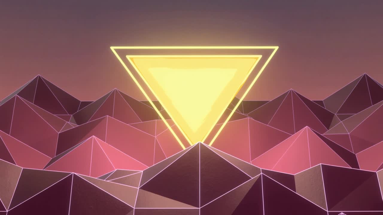 Scene starting, sinking glowing yellow triangle meeting central neon lowpoly ridge, lighting facets