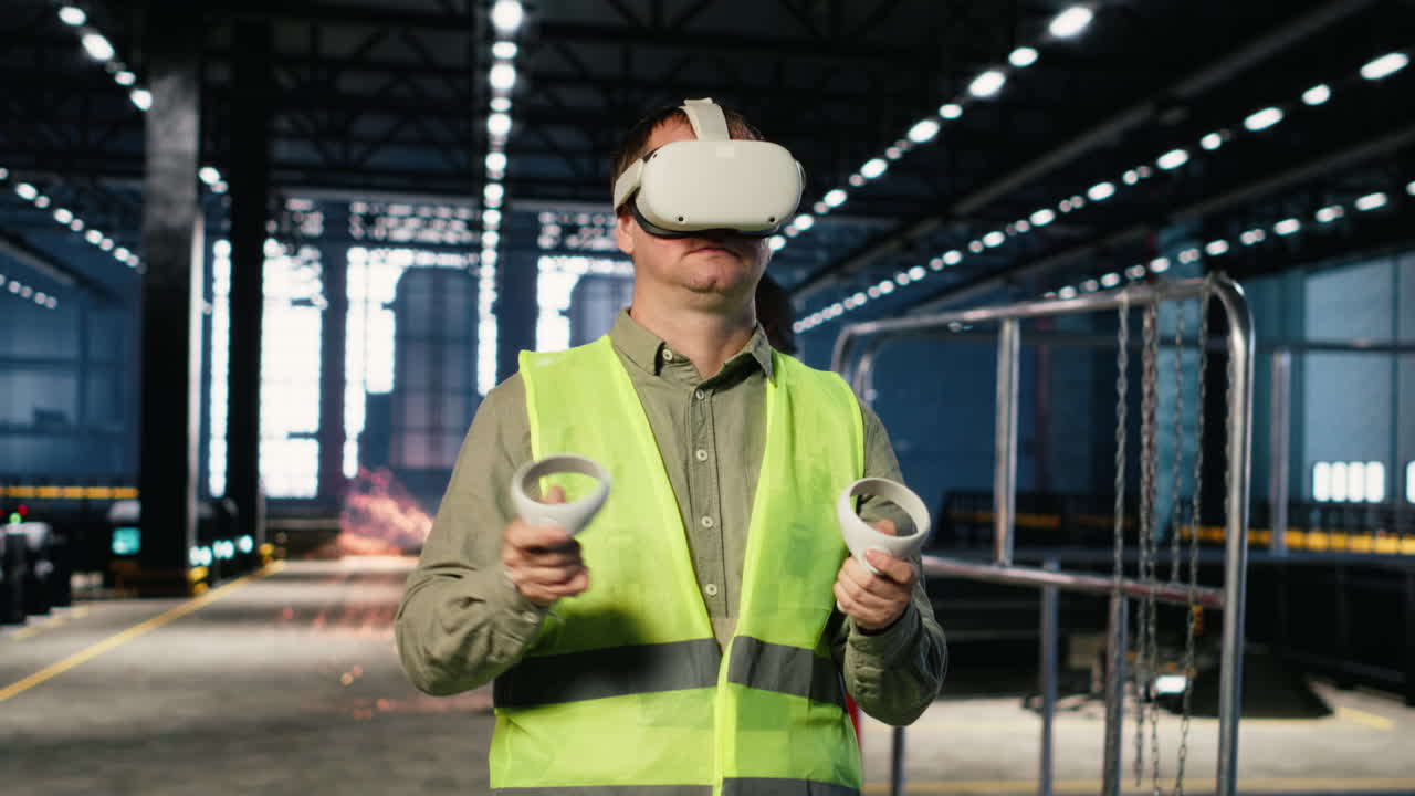 Technician uses virtual reality equipment to review fabrication tasks