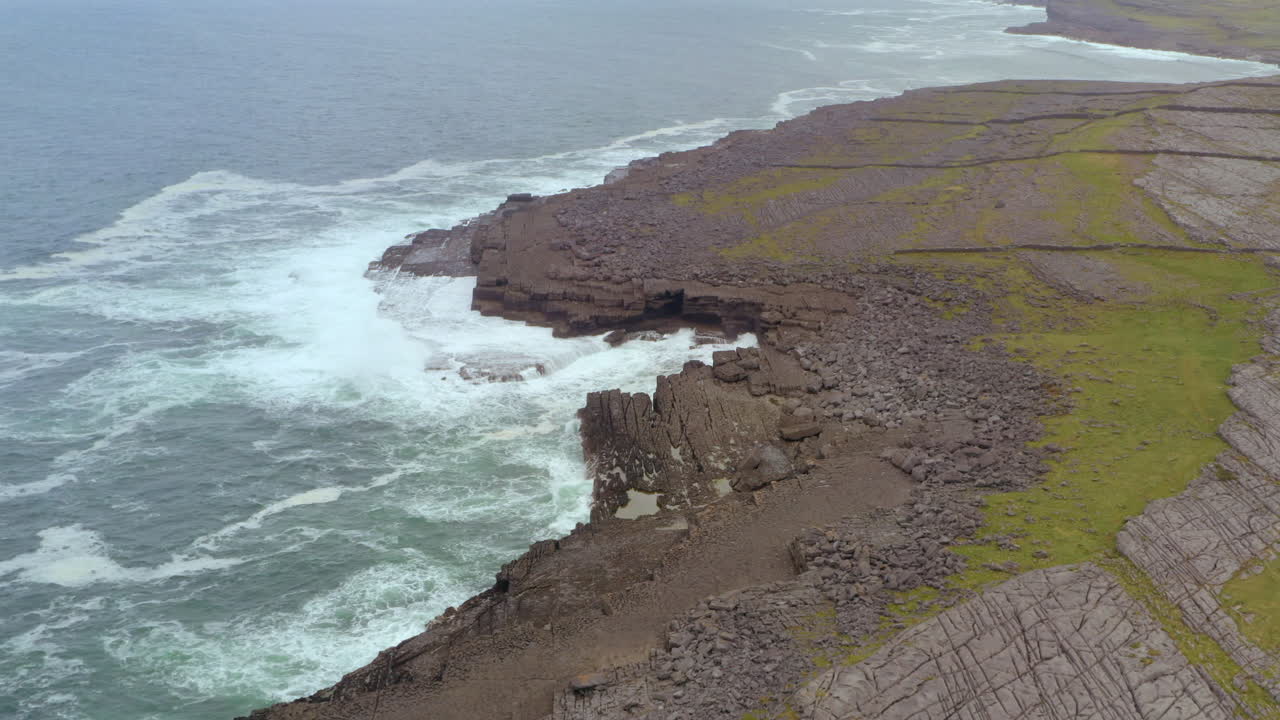 Aerial drone footage of Doolin rugged coast. Ireland