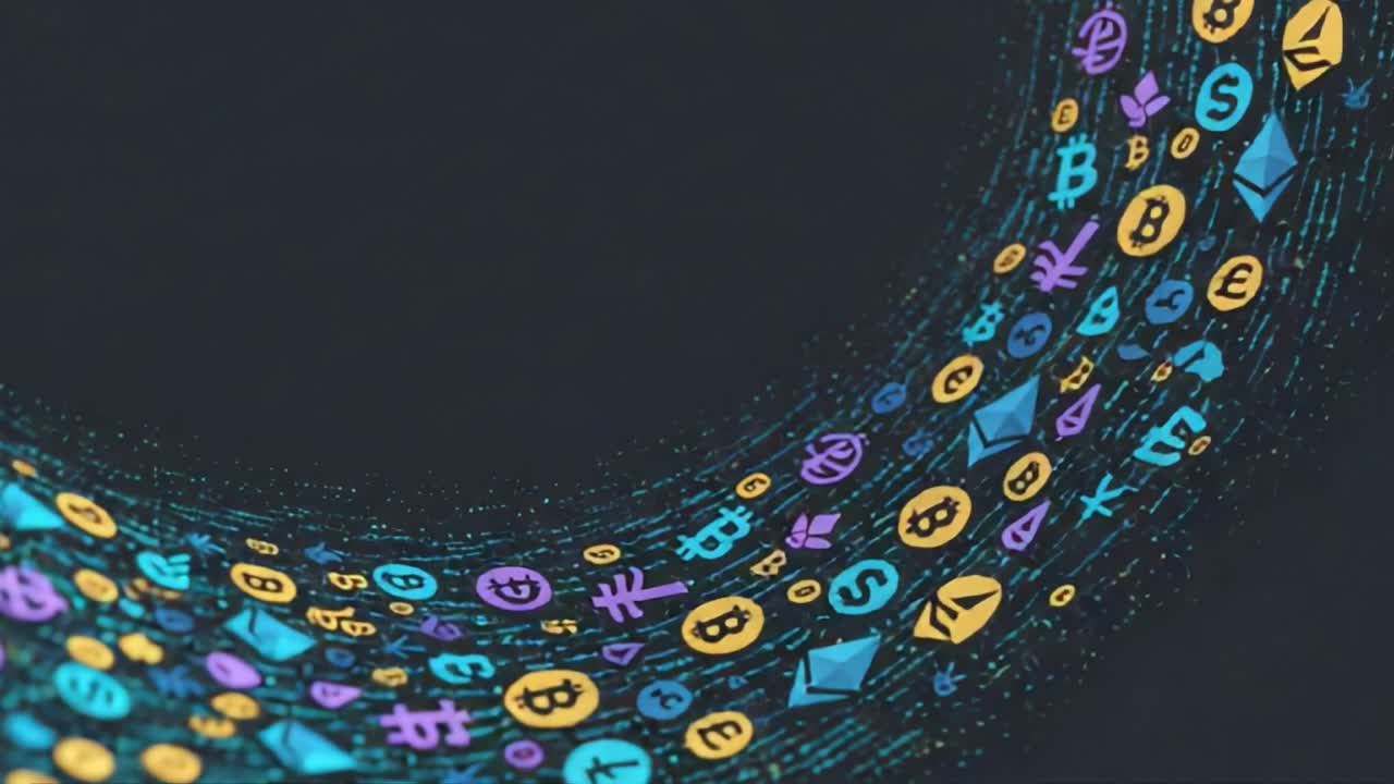 Un Flusso Dinamico di Icone di Criptovalute Rappresenta l'Evoluzione e la Diversità della Valuta Digitale in una Vivida Esposizione di Tecnologia e Innovazione Finanziaria.