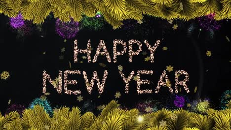 animation of happy new year text with colourful fireworks, snowflakes and christmas tree borders