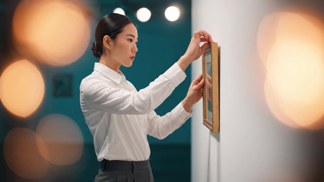 An Elegant Young Woman Engaged in Art Appreciation in a Contemporary Gallery Setting, Captured in a Creative Blend of Focus and Background Lighting