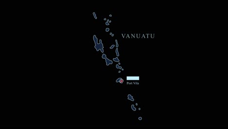 Blaue-Stilisierte-Karte-Der-Vanuatu-Inseln-Mit-Der-Hauptstadt-Port-Vila-Und-Geografischen-Koordinaten-Auf-Schwarzem-Hintergrund