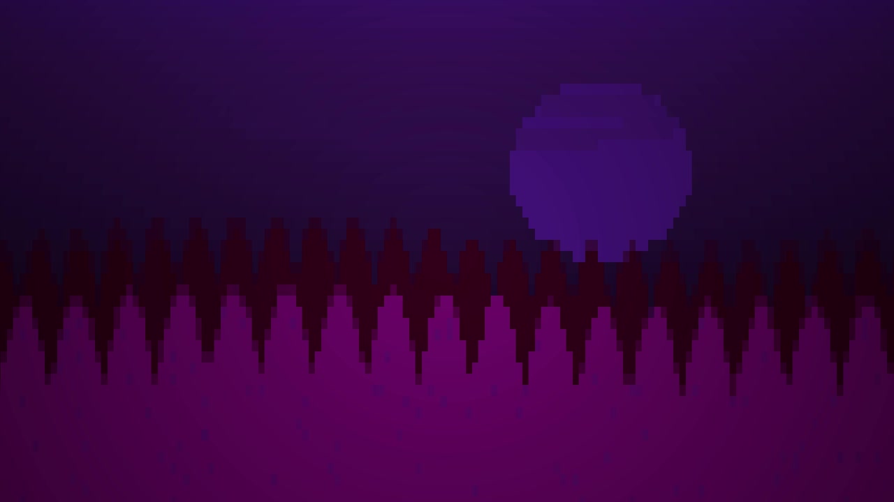Retro 8-bit Pixel Art Landscape with Purple Moon at Night