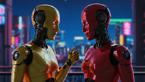 a dynamic encounter between two futuristic robots: a close-up interaction in a neon-city landscape signifying connection and technology's advancements