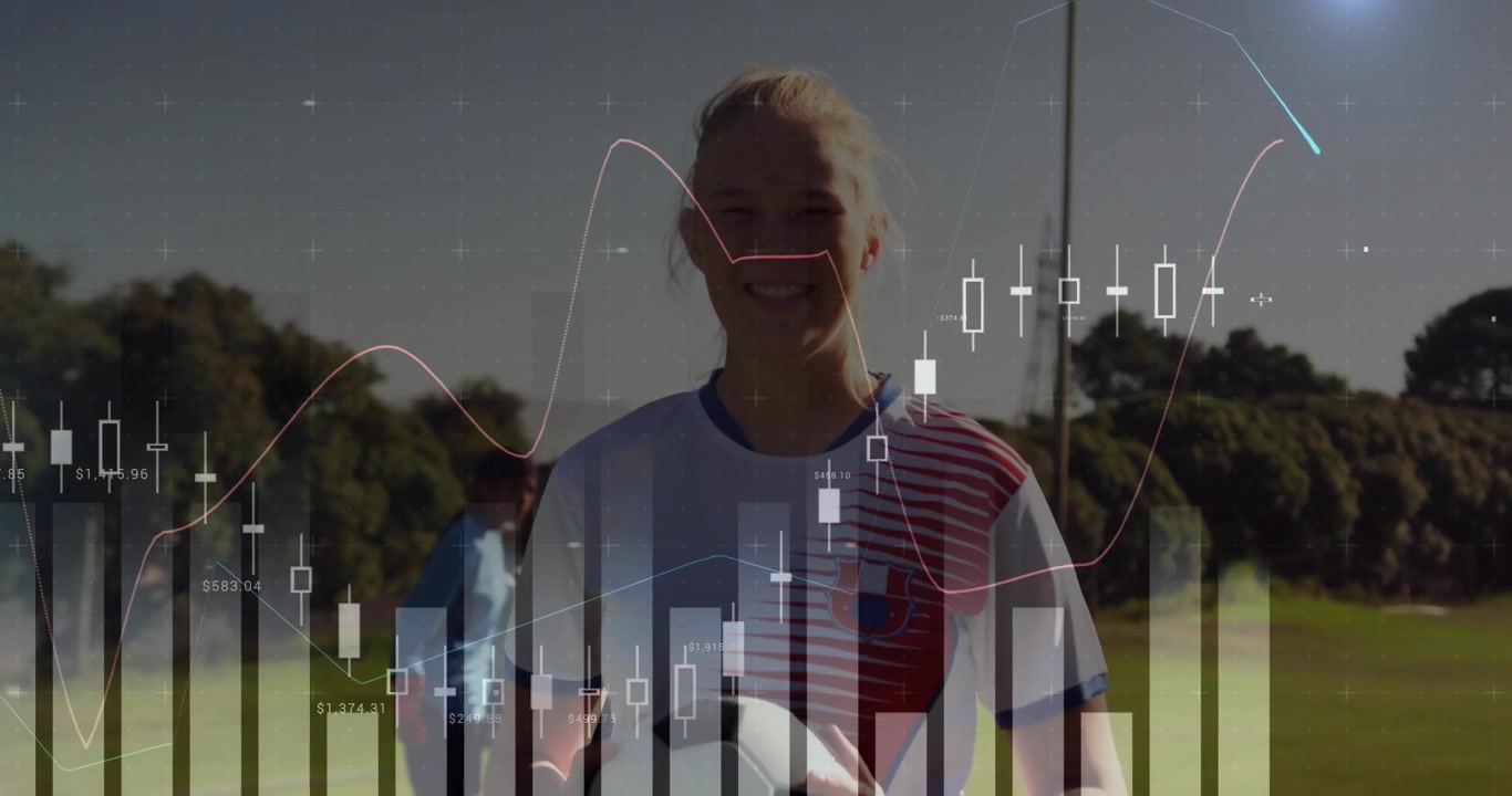 Teenage soccer player holding ball on grassy pitch, displaying floating financial charts