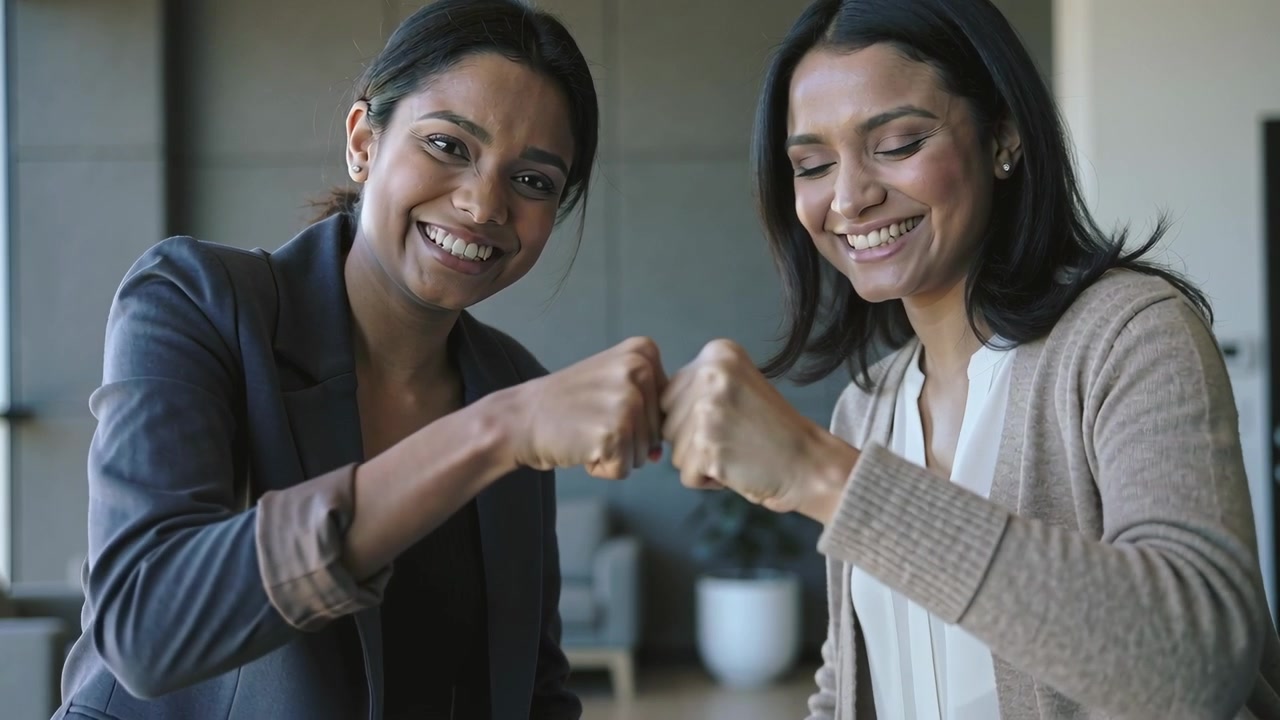 Mulheres sorridentes em trajes de escritório inclinando-se e batendo os punhos em saudação no lounge com floreira