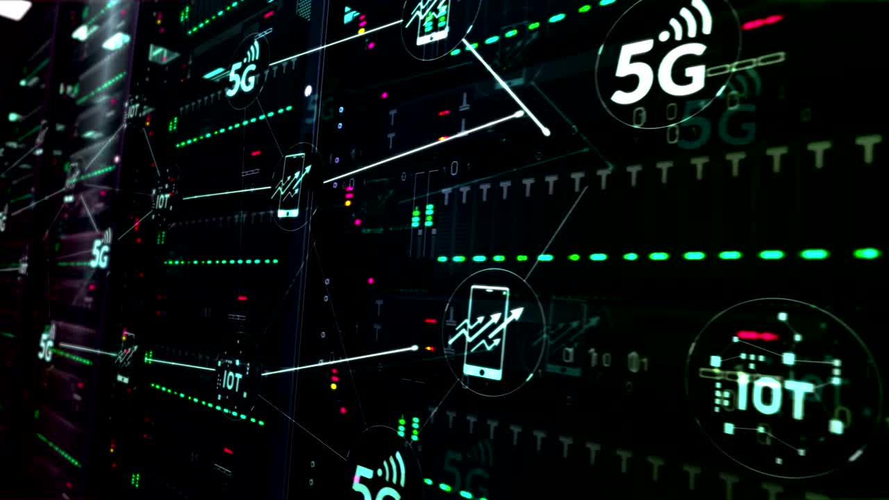 simbolo 5g e iot sulla stanza dei server nel ciclo di sfondo