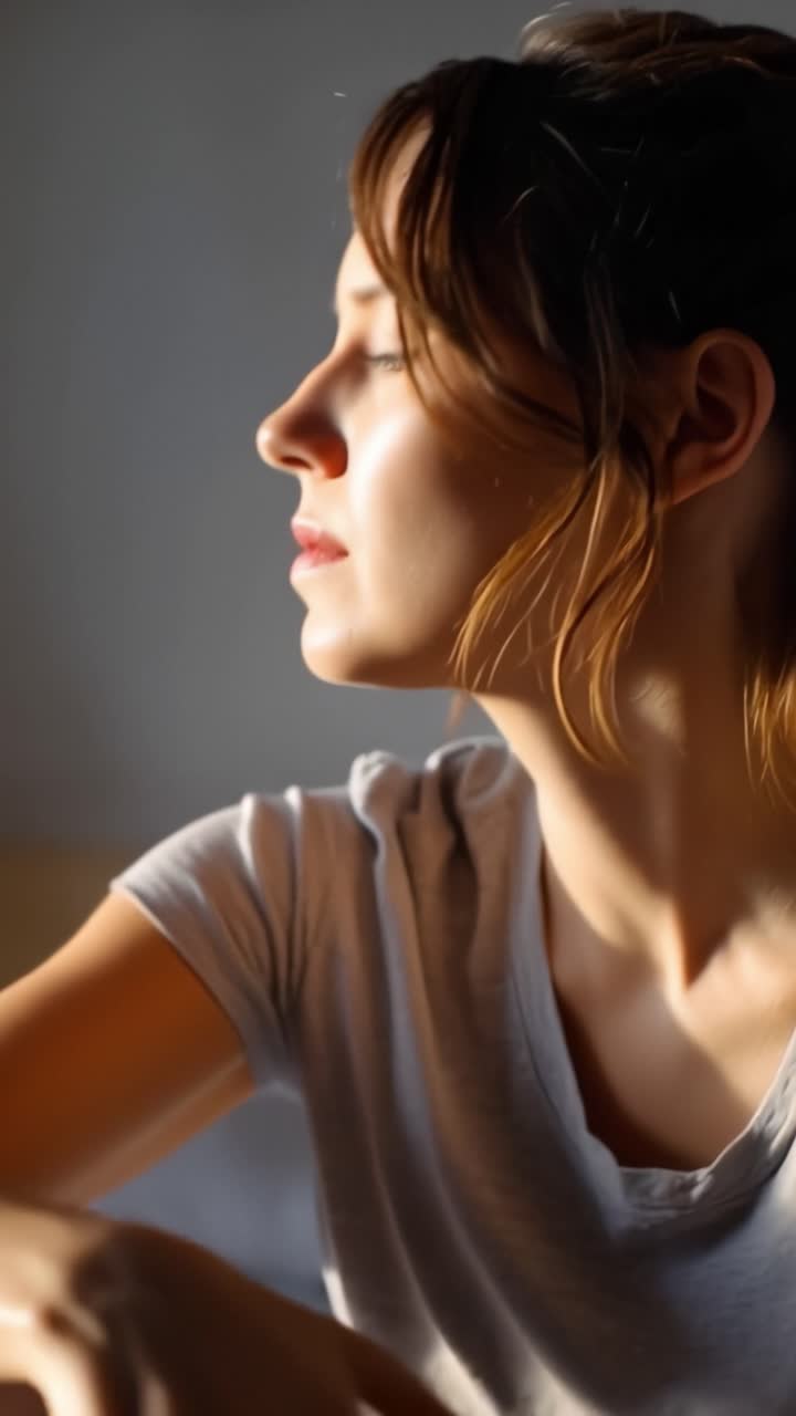 Luce soffusa illumina il suo sguardo pensieroso. La sua mano appoggia sulla testa in tranquilla contemplazione. Indossa una semplice maglietta bianca, con gli occhi abbassati. L'atmosfera è introspettiva, calma e privata.