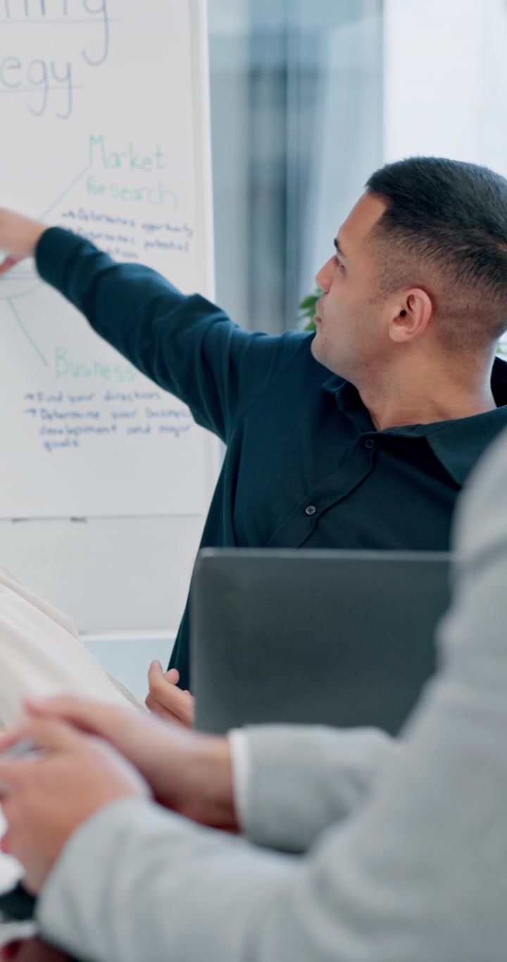 Businessman Presenting Strategy on Whiteboard in Office Meeting