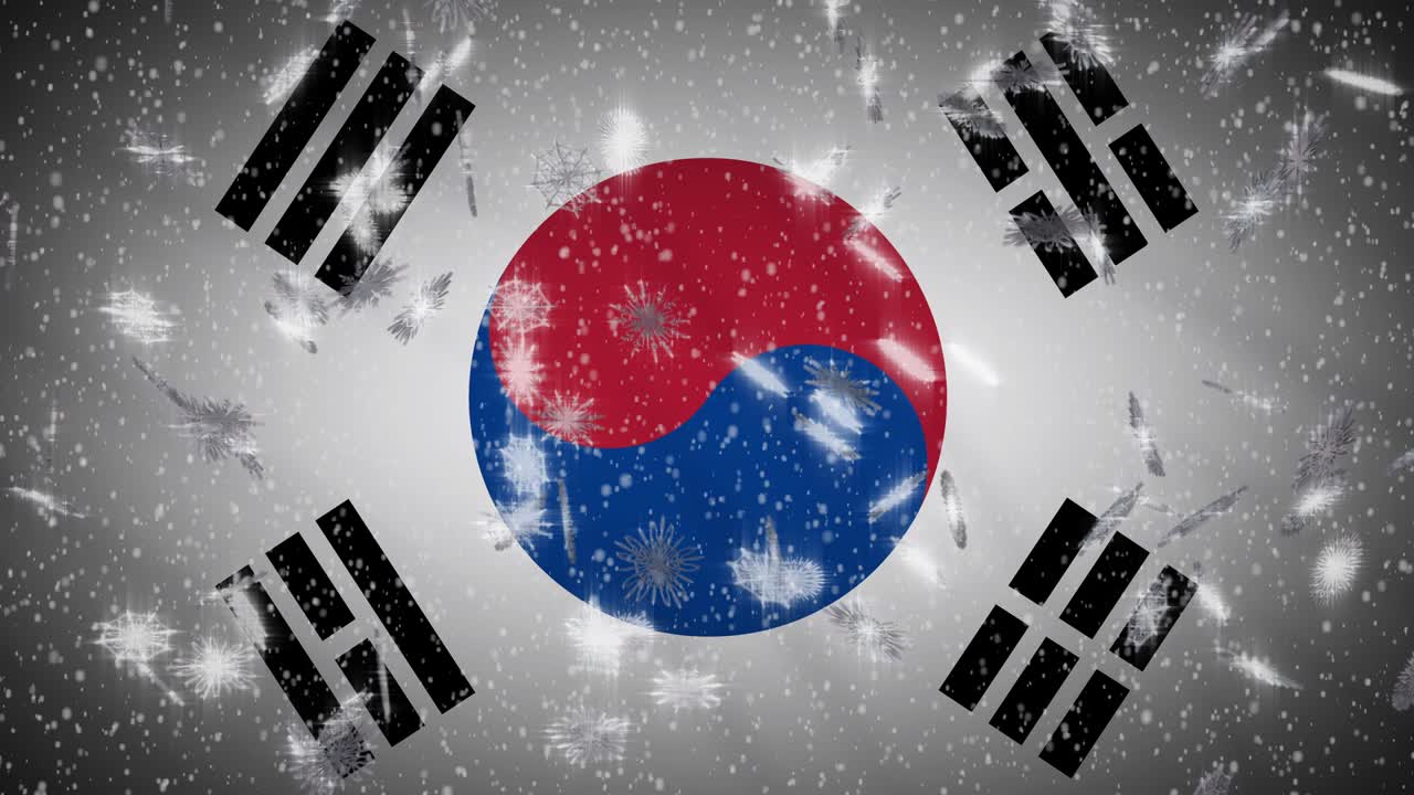 South Korea flag falling snow loopable, New Year and Christmas background, loop