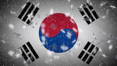 south korea flag falling snow loopable, new year and christmas background, loop