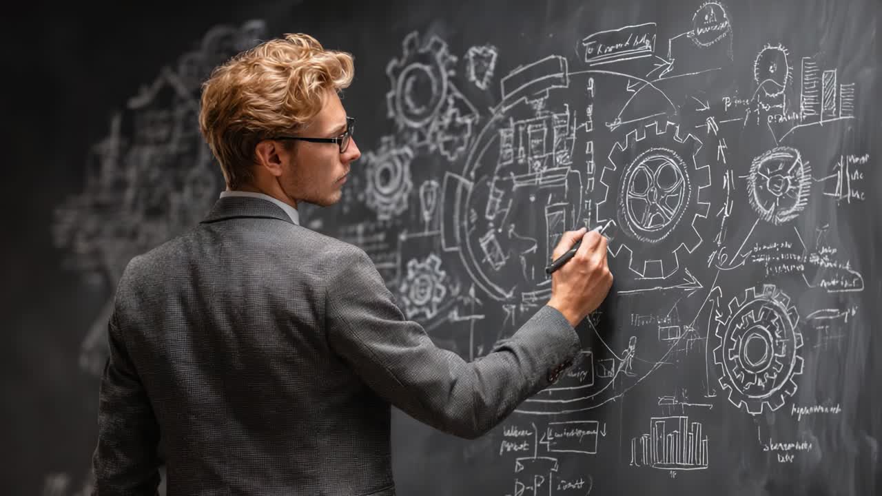 Seorang Pengusaha Menganalisis Mekanisme dan Strategi Kompleks yang Digambarkan di Papan Tulis, Mendemonstrasikan Ide Inovatif dan Pendekatan Pemecahan Masalah dalam Presentasi yang Menarik