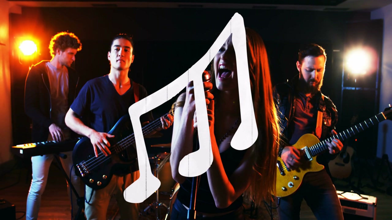 Female singer grabbing mic, starting song on stage, band escalating with white note overlaying