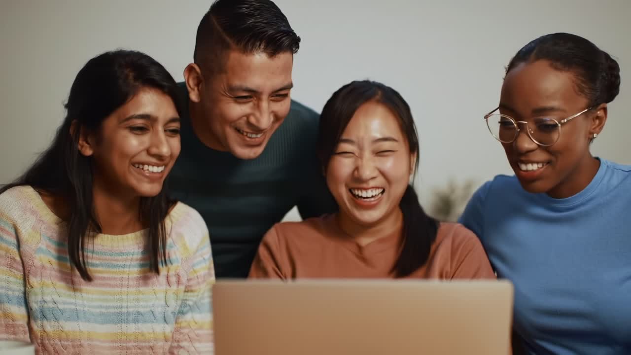 A group of four friends joyfully sharing a moment while gathered around a laptop, celebrating a shared experience and creating lasting memories together