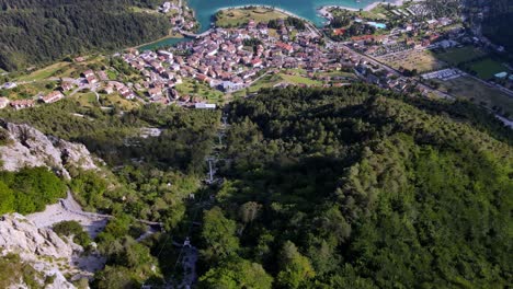 aerial views of the molveno town and lake, in the dolomites region, trento, italy