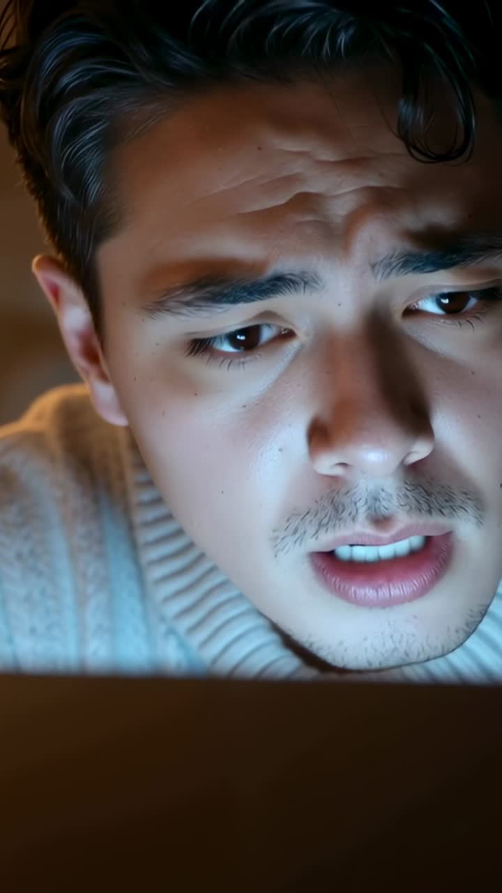 Vertical video: Leaning man wearing ribbed sweater, reading glowing screen in dim room processing