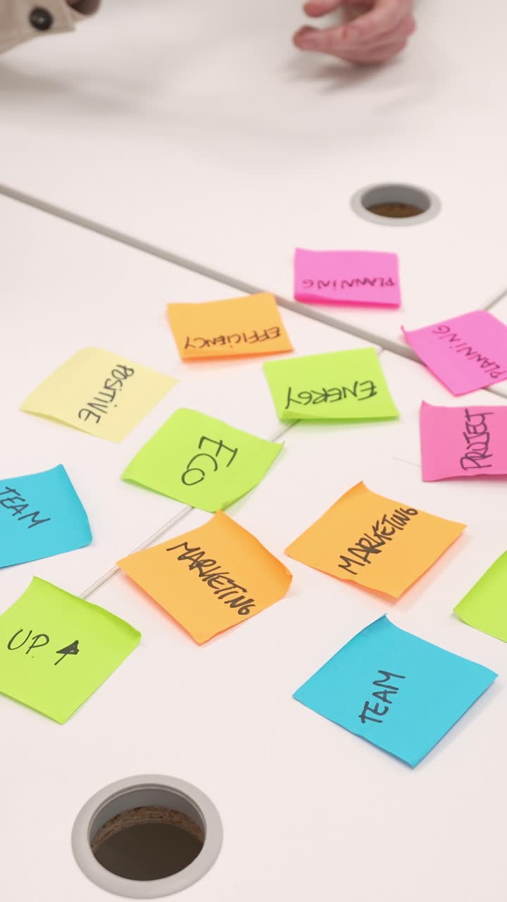 Close-up of Hands Arranging Colorful Sticky Notes with Business Ideas