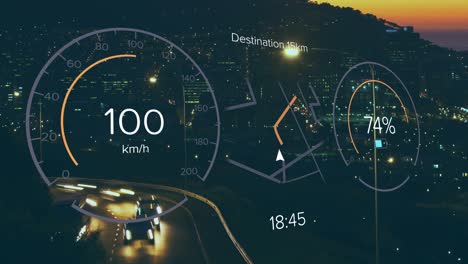 Animation-of-electric-car-speedometer-data-processing-over-city