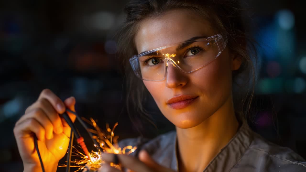 A focused young woman engages in a creative electrical project, showcasing sparks and concentration while holding tools, illustrating the essence of modern craftsmanship and innovation within a workshop environment