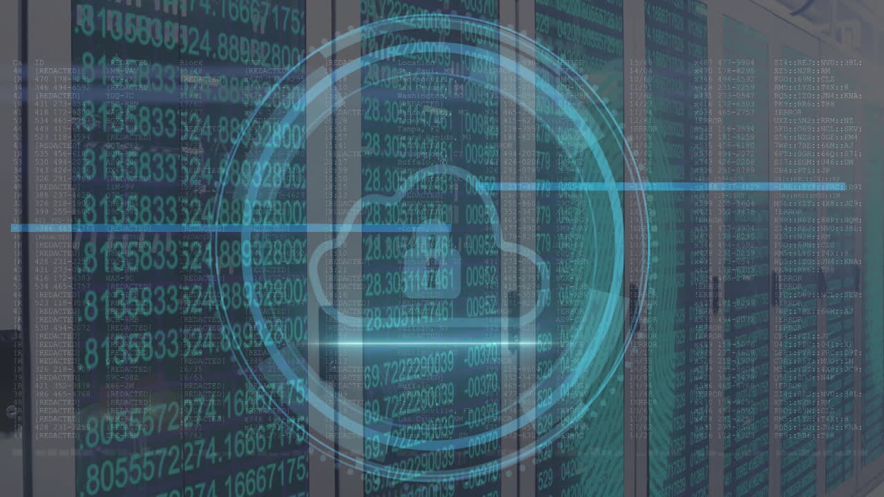 Animation of cloud icon and data processing over computer servers