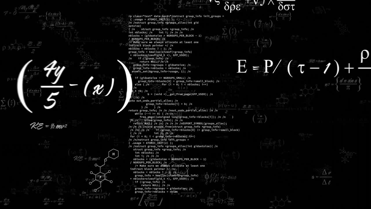 Mathematical equations and chemical formulas animation over black background