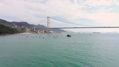 Hong-Kong-bay-and-Tsing-Ma-bridge,-Aerial-view