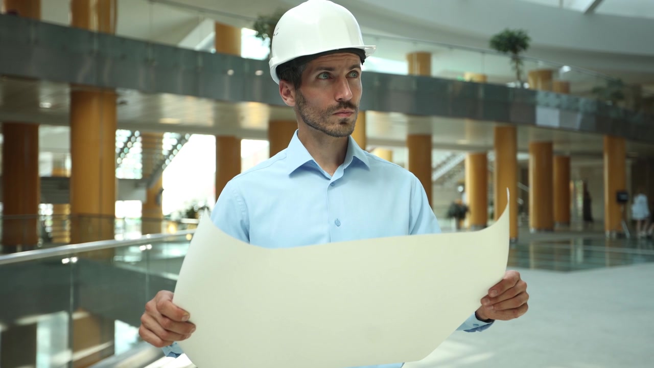 Arquitecto con sombrero inspeccionando planos en un edificio moderno