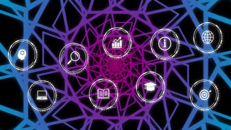 animación de la red de conexiones de neón con iconos en fondo negro