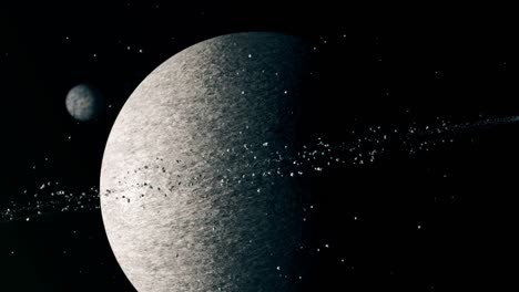Filmische-Digitale-Simulation-Eines-Riesenplaneten-Und-Eines-Kleinen-Mondes-Mit-Vielen-Kosmischen-Derbys,-Umkreisenden-Steinen-Und-Felsen