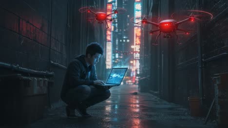 in a neon-lit alleyway of the future, a man intently types away on his laptop, with hovering drones buzzing overhead, adding to the vibrant atmosphere of the night