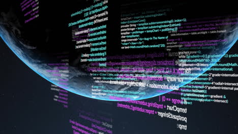 código informático y animación de procesamiento de datos sobre la vista de la tierra desde el espacio