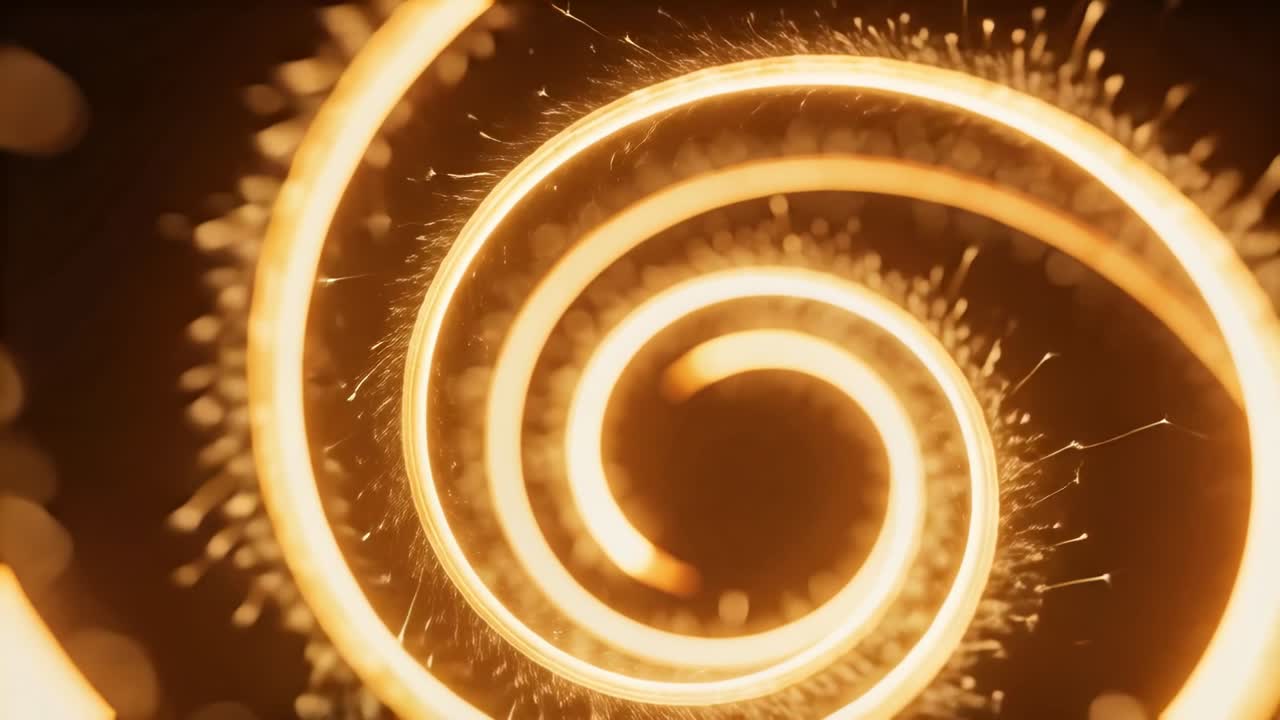 Parıltılı spiral filament kıvılcımlar yayıyor ve nabız gibi atmaya başlıyor, bokeh efektli teknolojik görselleri besliyor