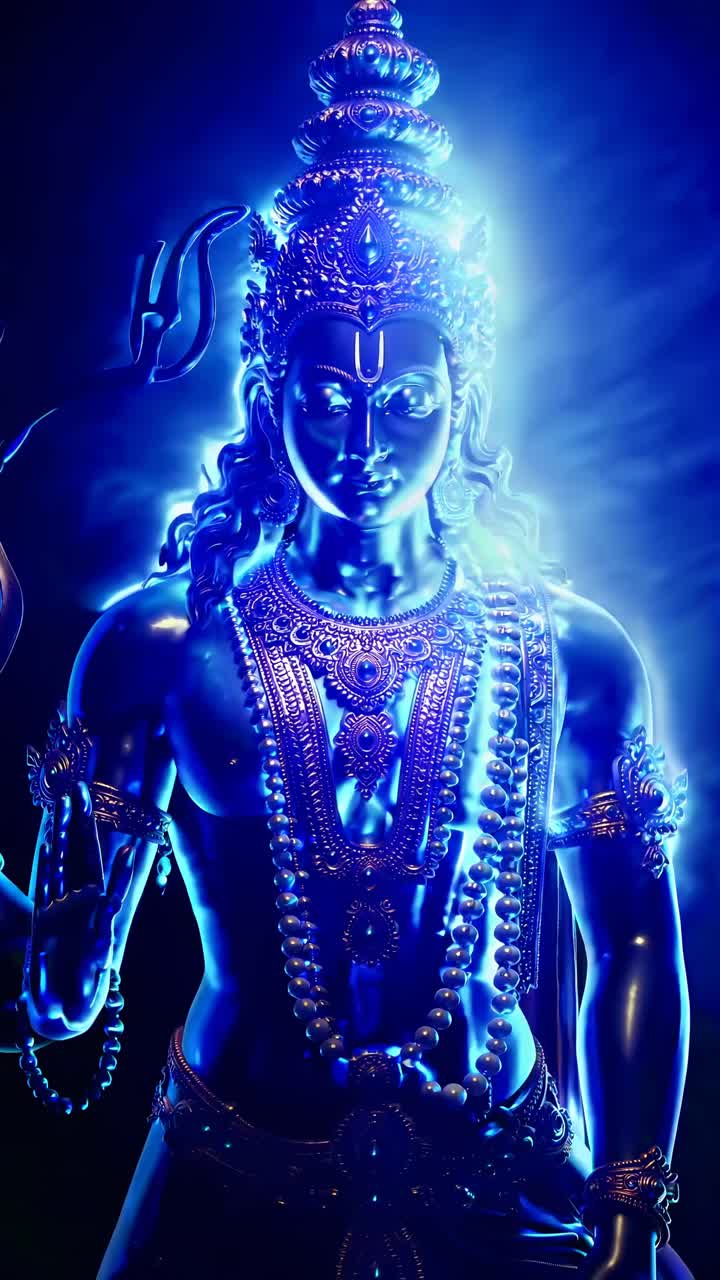 A vibrant, close-up video angle of a blue-hued deity statue, showcasing intricate details and ornate