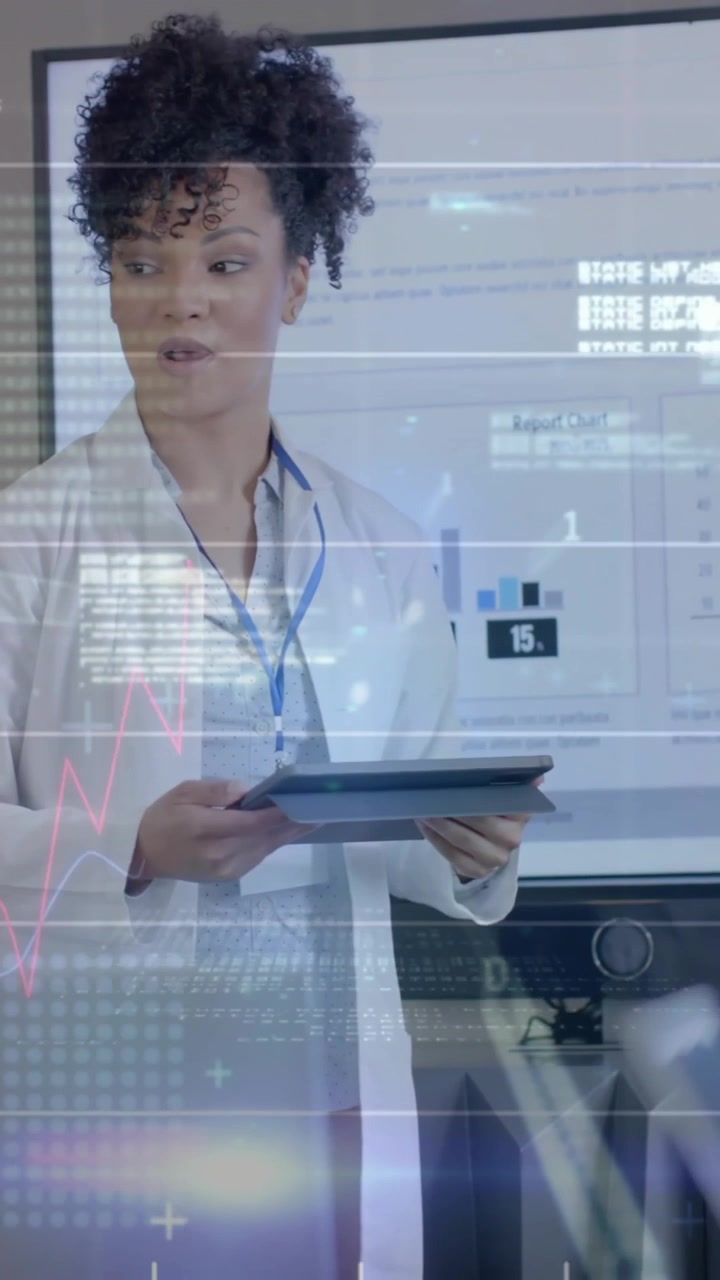 Animation of data processing over female doctor in office