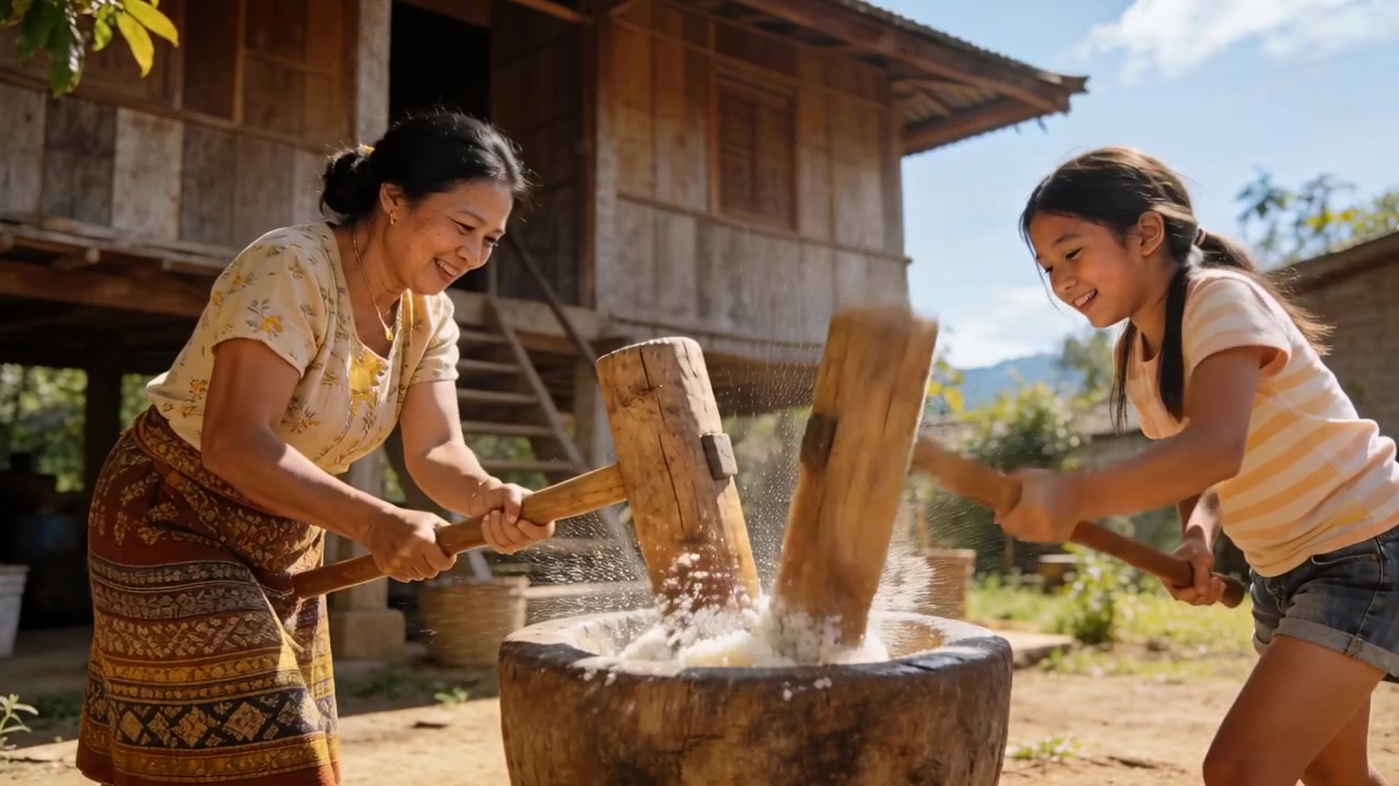 Ibu dan anak perempuan menumbuk, mengangkat palu, memukul bergantian pada lesung di halaman, membuat kue beras.