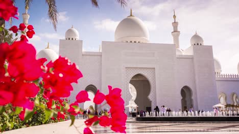 abu dhabu sunny day grand mosque front flowers facade 4k timelapse uae