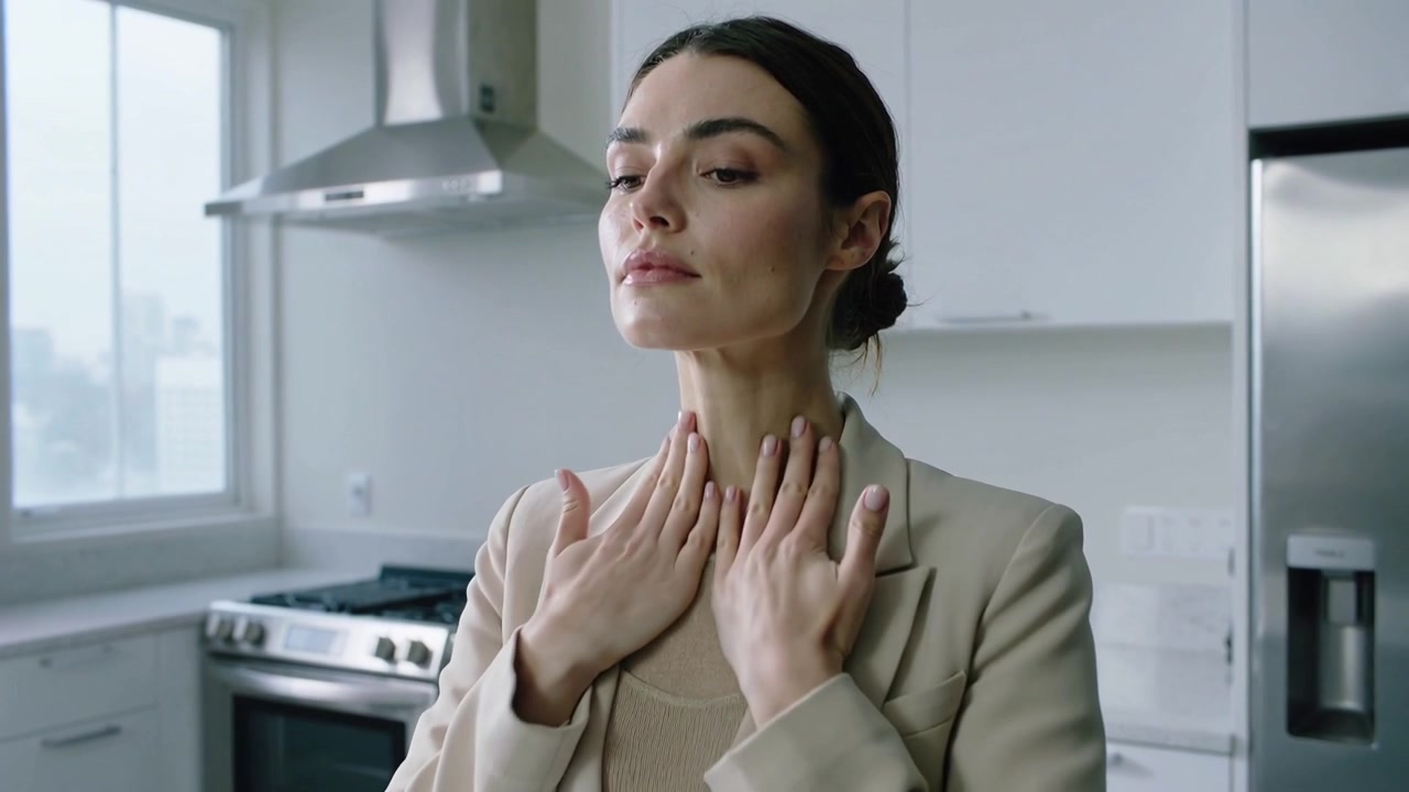 Donna in blazer rivolta verso la telecamera, che si massaggia il collo in cucina, sistemandosi il colletto e la collana.