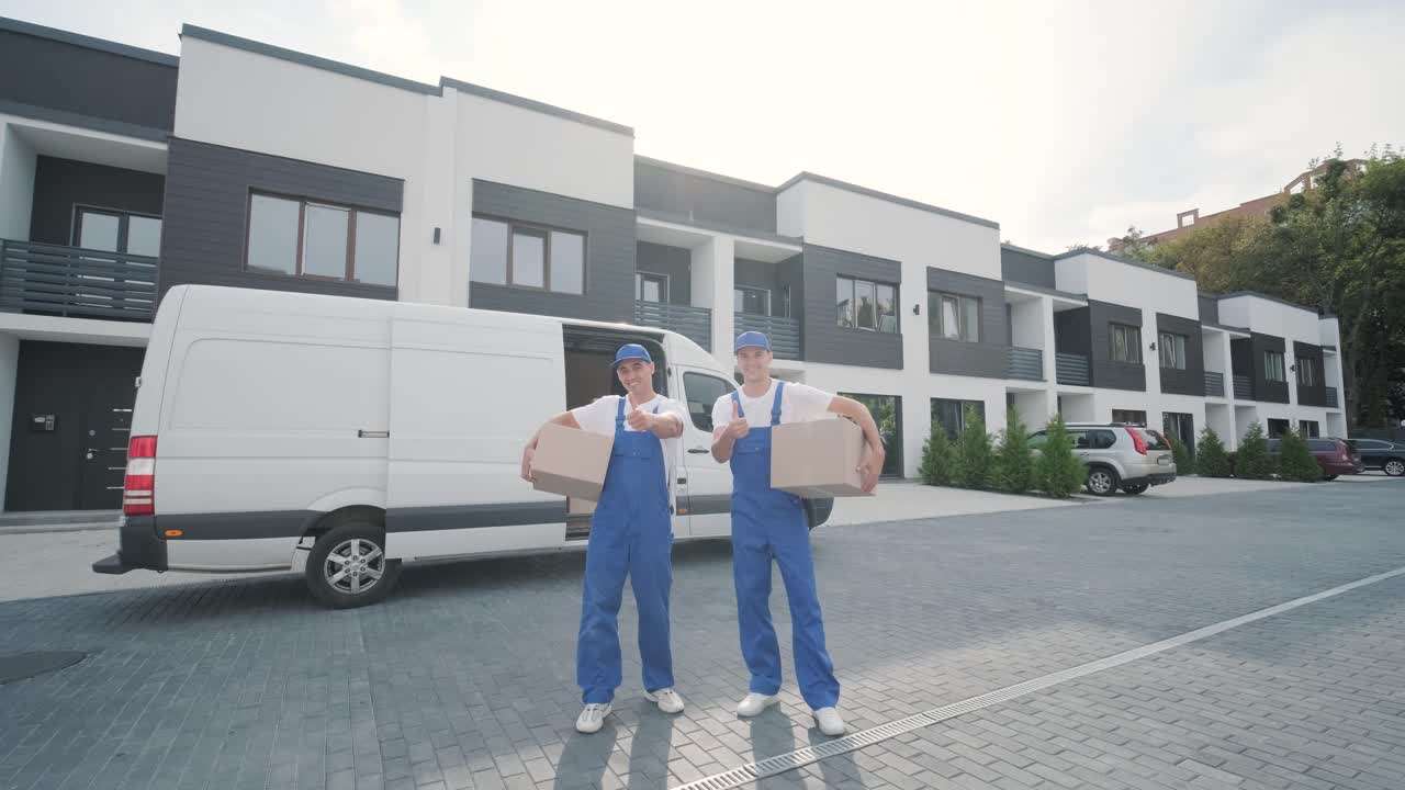 Two young workers of removal company deliver boxes to a customer's home