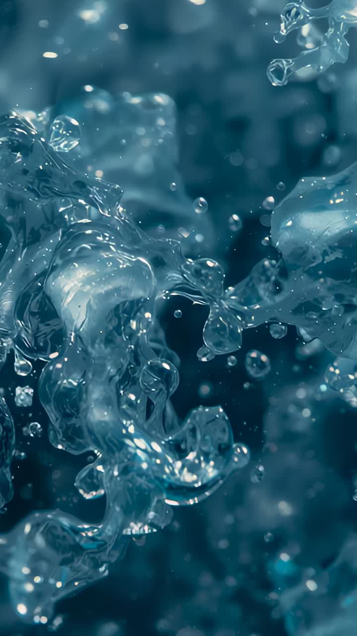 Video verticale: bolle e gocce che si muovono in una macro vasca, formando filamenti e bokeh luminosi